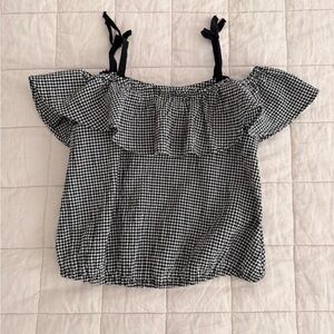 Zara - Size 9 / 10 - Black and White Checkered Off-Shoulder Blouse